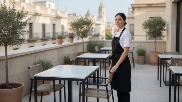Propietària d'un restaurant amb davantal, dreta vora una taula de la terrassa, amb oliveres i teulades de la ciutat al fons